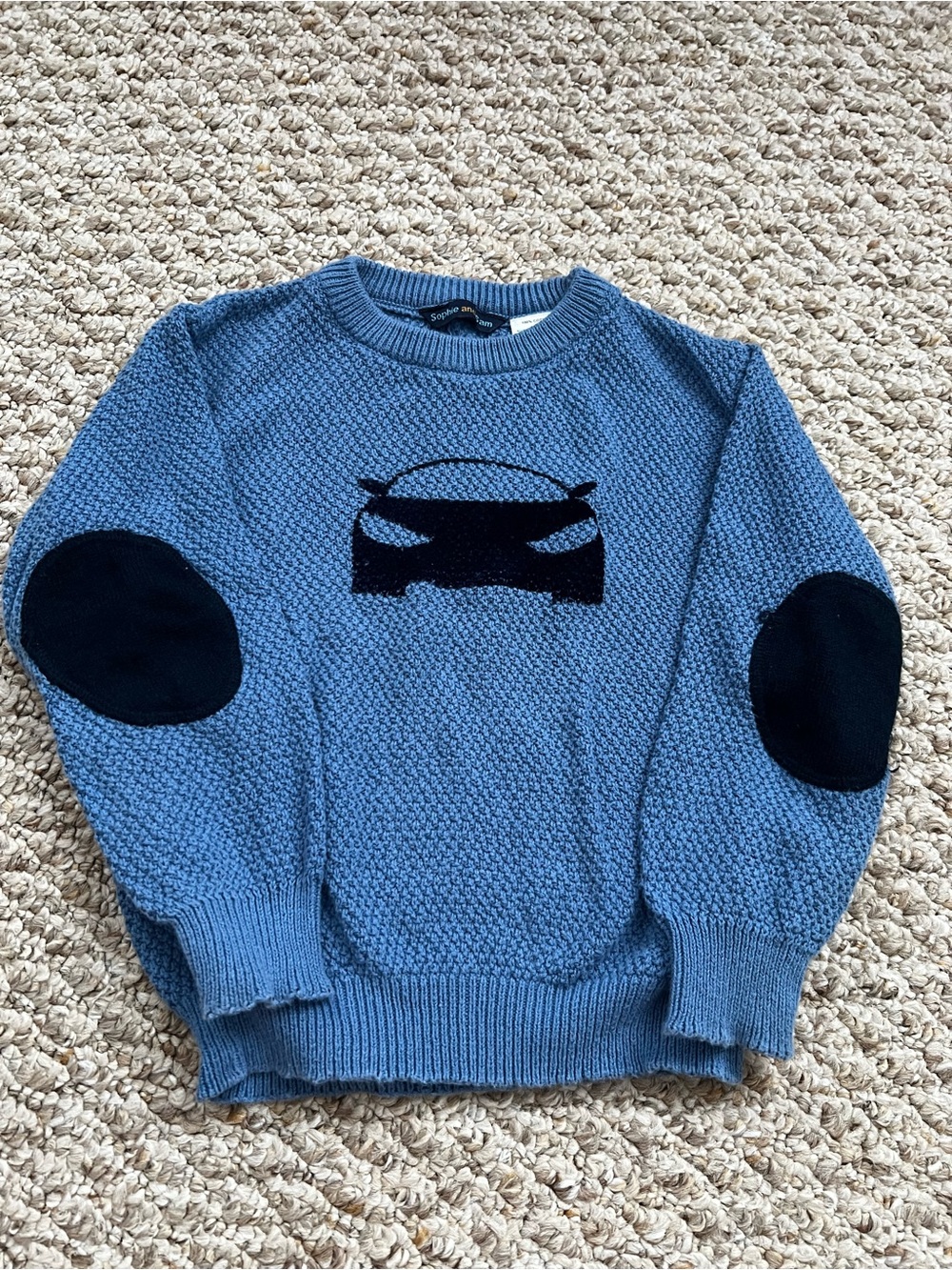 Blue Knit Sweater with Black Car Motif and Elbow Patches